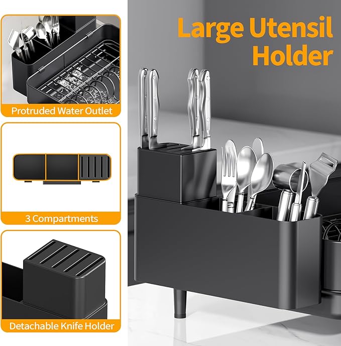 Urackify Dish Rack for Kitchen Counter, 304 Stainless Steel Dish Drying Rack, Expandable Dish Drainer, Foldable Kitchen Storage Organizer with Cutlery Holder, Plate Rack, Black