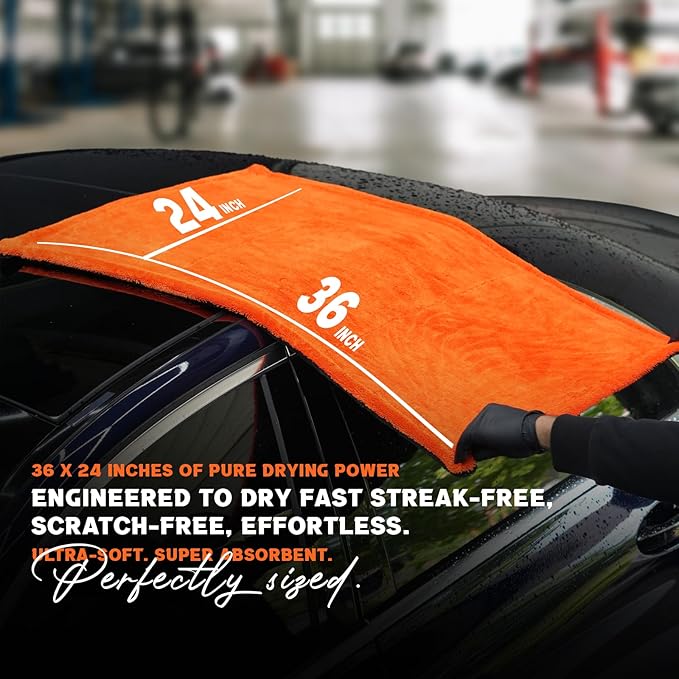 VALKROS X- Large Car Drying Towel, 36x24 Microfiber Towels for Cars, 1300 GSM, 70/30 Blend, Dual-Sided Highly Absorbent Twisted-Loop Edgeless Car Detailing Cloth, Scratch/Streak-Free [Orange/Black]