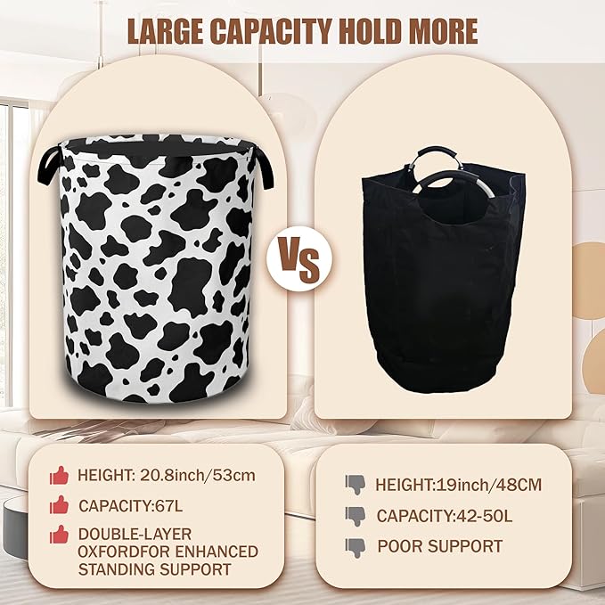 Cow Print Laundry Basket,Waterproof Foldable Laundry Hamper,Dirty Clothes Basket, Linen Bin Storage Organizer Collection 16" x 20.8"