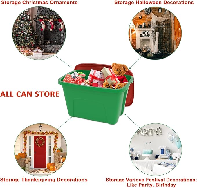 4-Pack Christmas Storage Totes with Lids - Made in USA 18-Gallon(72-Quart)Red Storage Bins,Holiday Organizer,Plastic Stackable Large Storage Boxes for Home,Office,Garage,Basement Red/Green