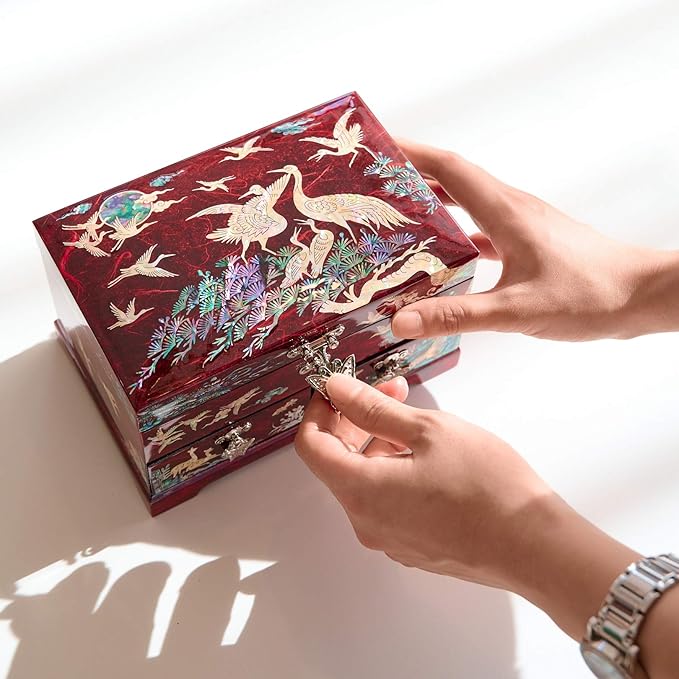 MADDesign Mother of Pearl Lacquered Jewelry Box Two Level Cranes (Red)