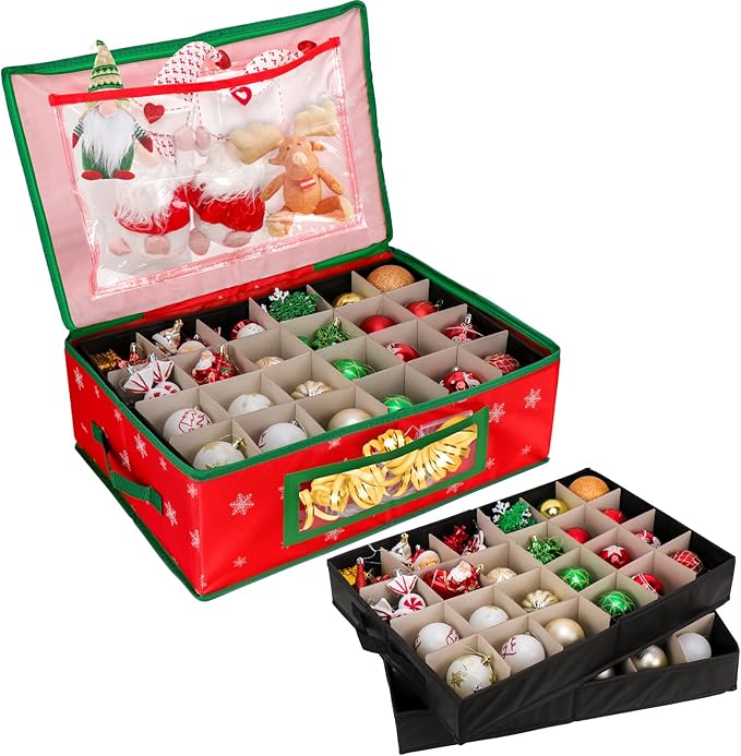 Hysagtek Ornament Storage Box, Underbed Christmas Ornament Storage Container with Dividers, 2 Removable Trays for 48-3” Ornaments, Christmas Storage Containers with Handles for Holiday Decorations