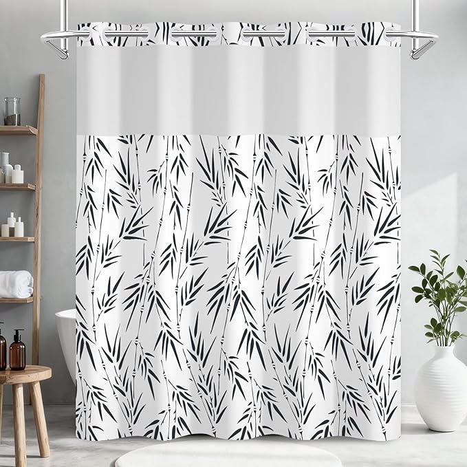 Dark Blue Bamboo Leaves Shower Curtain with Snap in Liner Set, Modern Boho Plant Aesthetic Design Bathroom Decorative Curtains, Waterproof Double Layers Fabric No Hook Shower Curtain, 71x74 inch