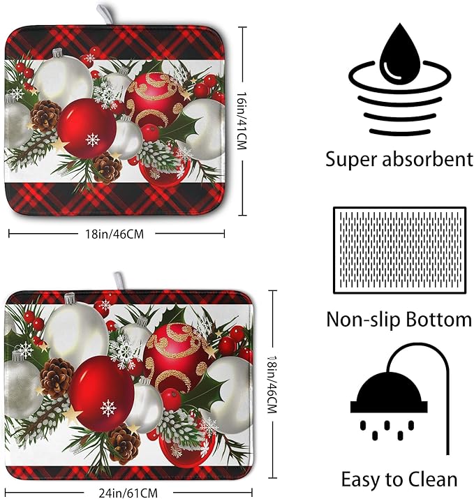 Kwlegh Christmas Red Buffalo Plaid Dish Drying Mat for Kitchen Counter 16x18 Inch Winter Xmas Ball Snowflake Pine Cones Dishes Drying Mat Microfibe Super Absorbent Dish Rack Pad for Coffee Bar Sinks