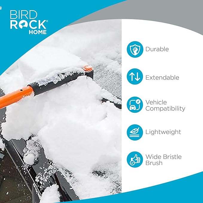BIRDROCK HOME Snow Moover Extendable 50" Car Brush and Ice Scraper with Foam Grip | Auto Snow Removal | Car Truck SUV Windshield | Heavy Duty