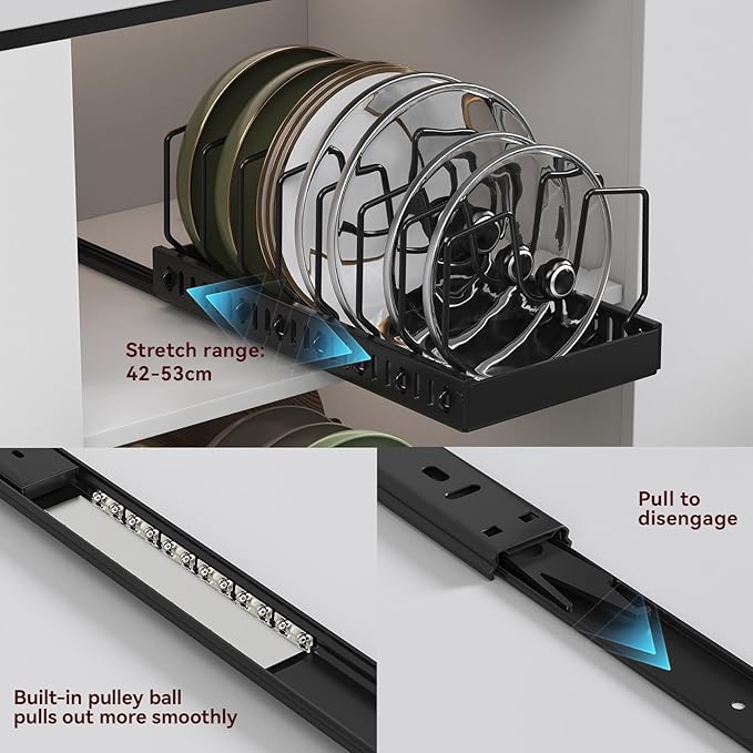 WOSHEN Pot Lid Organizer, Pull-out Pots and Pans Organizer, Under Cabinet Pot Lid Holder for Kitchen, Pots and Pans Storage with 8 Adjustable Dividers (Black, Sliding type)
