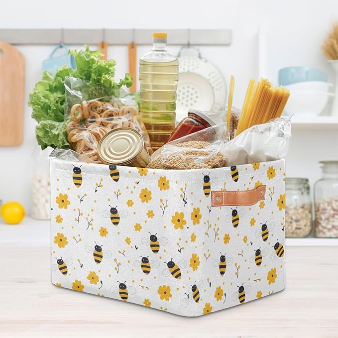 Bee Storage Basket for Shelves, Storage Bins with Handles, Collapsible Basket for Organizing, Closet Toy Baskets for Nursery Room, 15x11x9.5 in, Canvas, Yellow Bee