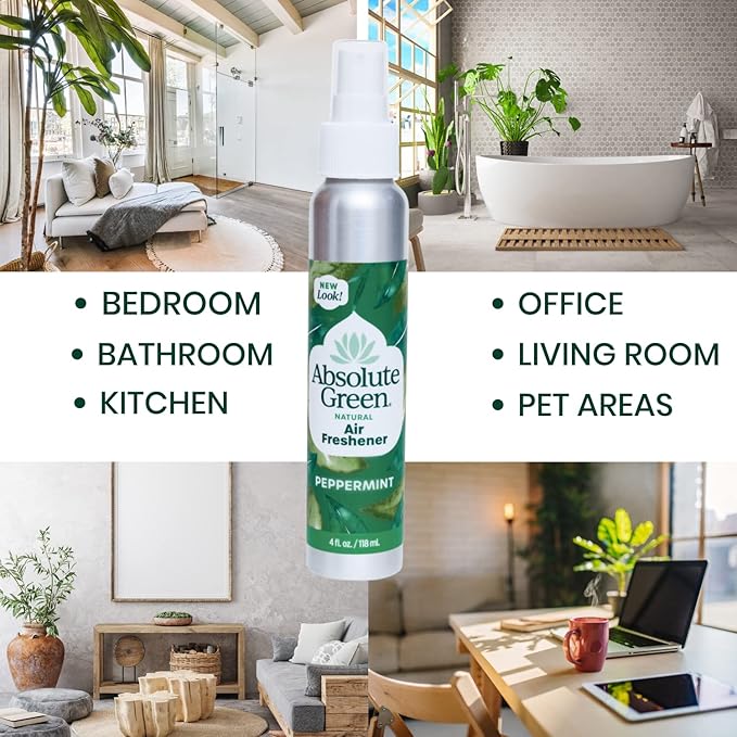 Absolute Green Air Freshener Room Spray, Covers Odors, Non-Toxic, Safe around Kids +Pets, Natural Peppermint Scent 4oz (Pack of 1)