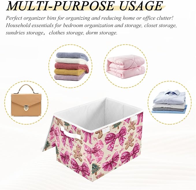 Bolaz Storage Bins with Lids and Handles,Cookie Bow Christmas Tree Pattern Storage Box Basket with Cover Collapsible Organizer Containers for Home Closet, Shelves
