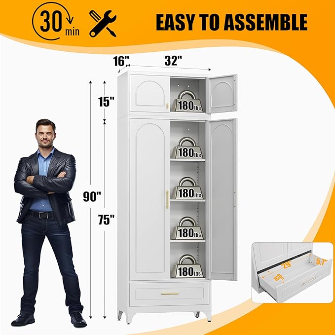 Metal Storage Cabinet with Drawer, 90" Tall Kitchen Pantry Storage Cabinets with Doors and Adjustable Shelves, White Pantry Closet, Steel Large Cupboard, High Leveling Feet- Assembly Required