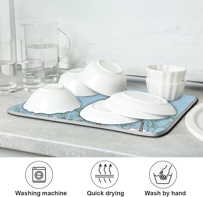 Fall Pumpkin Aqua Blue Dish Drying Mat for Kitchen Countertop 18x24 Eucalyptus Leaves Turquoise Autumn Large Drying Mat Reusable Quick Dry Dish Sink Mats Easy Clean Decorative Essentials