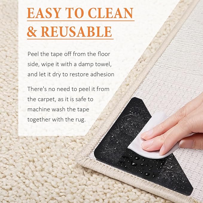 Songrey Rug Tape Rug Corner Grippers 28PCS, Reusable Double-Sided Carpet Tape to Hold Area Rugs Down, Non Slip Rug Pads Gripper for Hardwood Floors No Damage