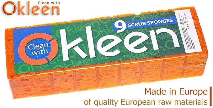 Okleen Orange Multi Use Scrub Sponge. Made in Europe. 18 Pack, 4.3x2.8x1.4 inches. Odorless Heavy Duty and Non Scratch Fiber. Durable and Delicate Scrubber for Oven and Stove, Bathroom and Basement