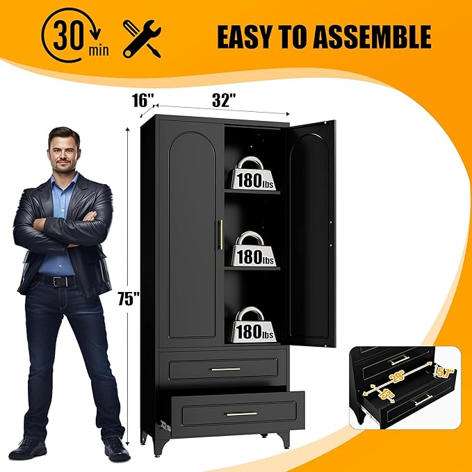 Metal Storage Cabinet with Doors and Shelves, 75" Tall Kitchen Pantry Storage Cabinets with 2 Drawer, Black Food Pantry, Home Office Cabinet, Large Cupboard for Kitchen, Dining, Living Room
