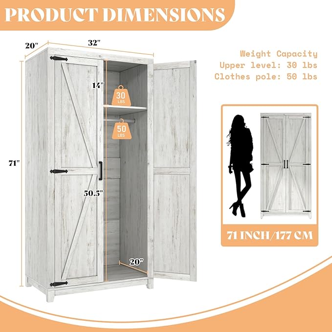 AMERLIFE Farmhouse Armoire Wardrobe Closet with 2 Barn Doors, 71'' Storage Cabinet with Hanging Rod & Shelf, Versatile Clothing Storage for Bedroom, White