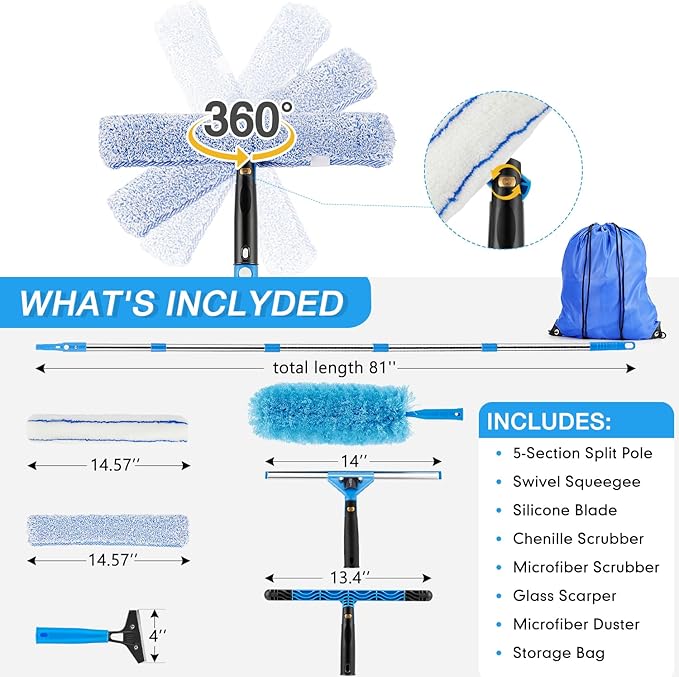 Feeloco 75'' Window Squeegee Cleaner Tool, Professional Window Cleaning Kit for Glass with 360° Rotation & Extension Pole- Glass Cleaner Tool with Scrubber for Windows,Glass,Bathroom,Shower