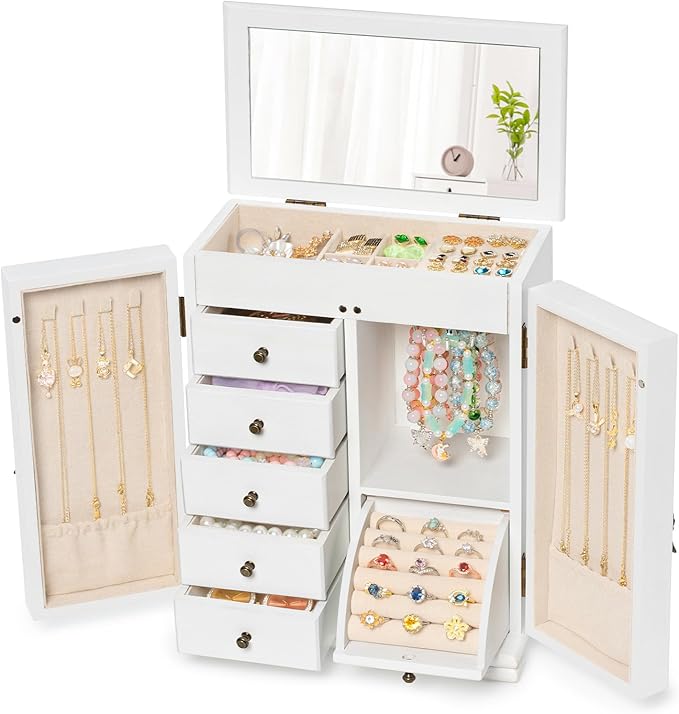 Jewelry Box Organizer, Farmhouse Wooden Jewelry Boxes for Women Girls, 6 Layer Jewelry Case Storage with Bracelet Holder Display Hooks for Necklaces Earrings Rings Bracelets (Weathered White)