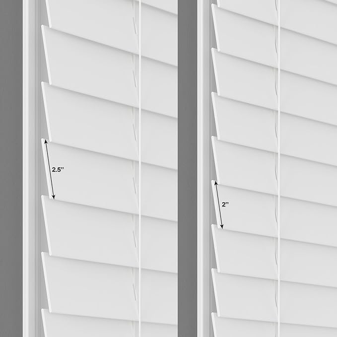 2.5 Inch Cordless Faux Wood Blind, 32.25" W x 60" L - White Plantation Style Venetian Blinds, Over 400 Custom Sizes Starting at 29.97, Room Darkening Shades for Interior Windows by Lumino