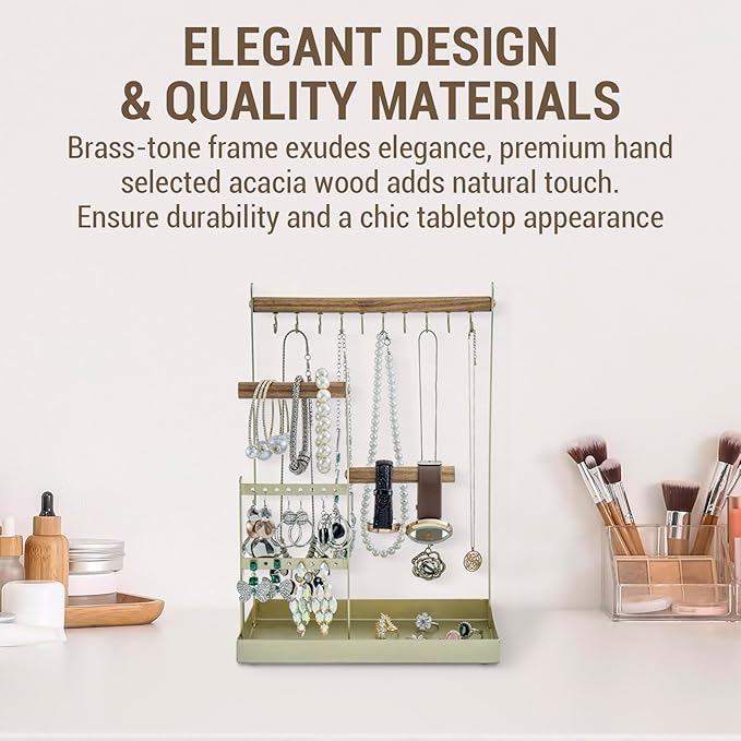 MyGift Brass Tone Metal & Acacia Wood Tabletop Jewelry Organizer – Necklace, Bracelet, Earring Holder with Ring Tray for Vanity or Dresser Display