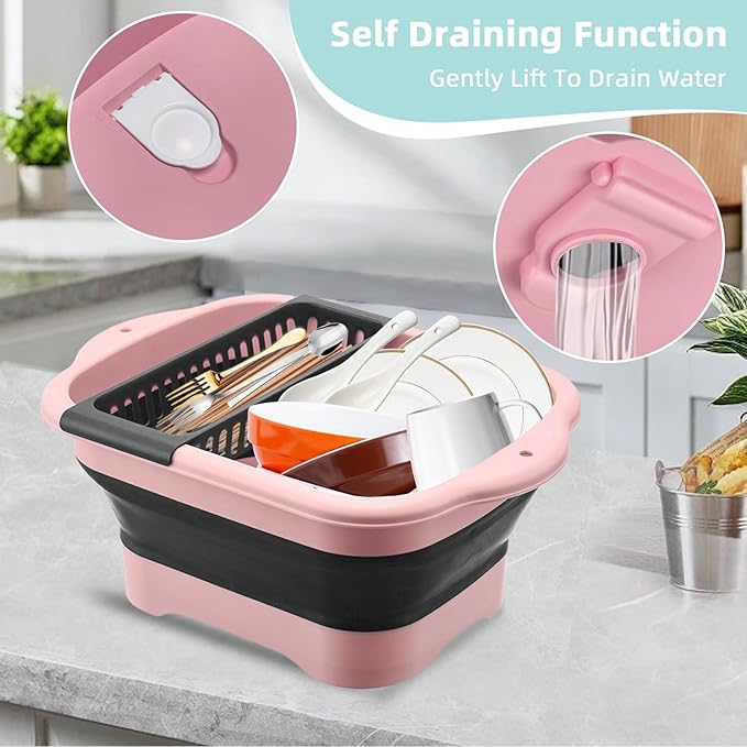 Collapsible Dish Basin & Wash Basin – 11L(2.91 Gal) Portable Sink with Drain Plug, Foldable Kitchen/Camping Sink for Dishwashing, Vegetable, RV, Camping & Outdoor Use (PINK)