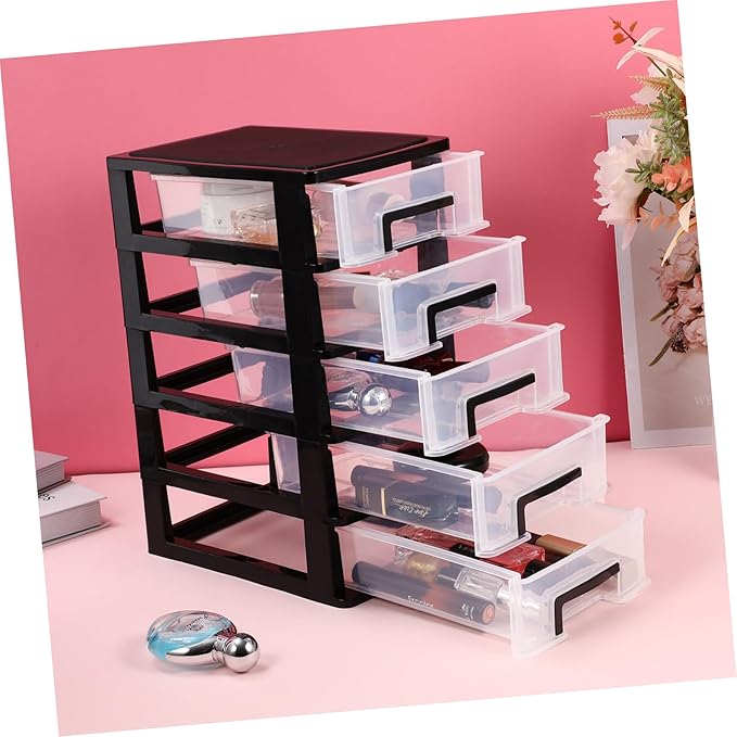 Multifunctional Five-layer Storage Cabinet Plastic Drawer Type Closet 5 Drawer Storage Tower Container Case with Clear for Home 8.3x5.9x12.3inch Black