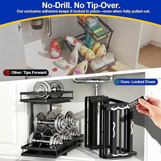 Under Sink Organizer, Dual-Rail Ball-Bearing, Under Kitchen Sink Organizer, 6-Level Adjustable, Under Cabinet Organizer, No-Drill Adhesive/Suction, Under Sink Storage (Matte Black, 2-Pack)