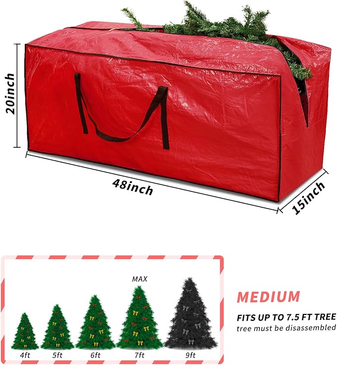 Christmas Tree Storage Bag 7.5 ft, Fits Up to 7 Foot Artificial Trees, Plastic Water Resist Xmas Tree Bag, Reinforced Handles & Zippered & Durable, Holiday Decoration Storage Bags, Red