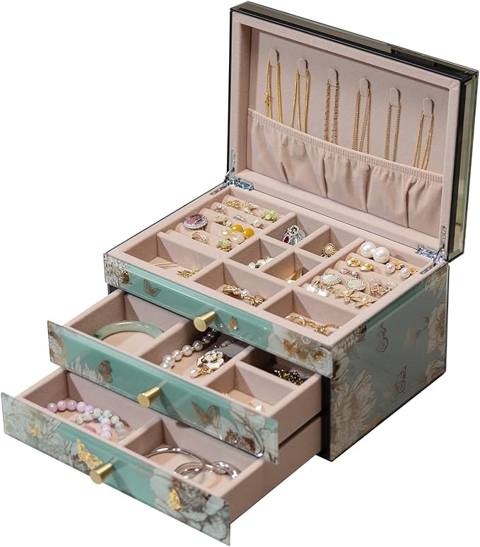 Glass Jewelry Box With Butterfly & Flower Patterns, 3-Tier Organizer for Women Girls,Jewelry Gift Decorative Boxes, Art Painting Tabletop Organizer For Earring Necklace Christmas Gifts