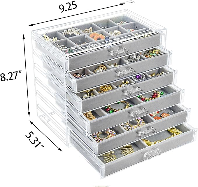 Acrylic Jewelry Box with 6 Drawers, Clear Earring Storage Organizer Display Case for Women Girls, Gray