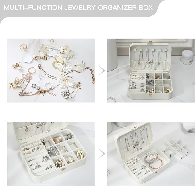 CASEGRACE Travel Jewelry Box Small Jewelry Organizer Case Display Storage for Earrings Necklace Rings Bracelets Portable Jewelry Organizer for Women Girls, White