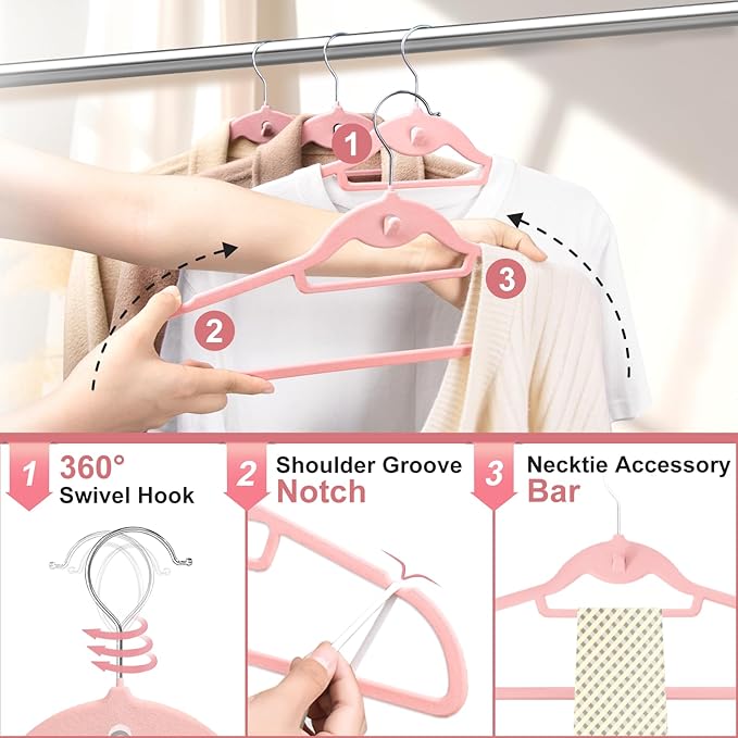 UEAKPIC Velvet Felt Stackable Hangers 50 Pack, Non Slip, with 360°Swivel Hook, Ultra Thin and Space Saving for Suits, Shirts, Coats, 15Lbs Capacity Heavy Duty, Pink