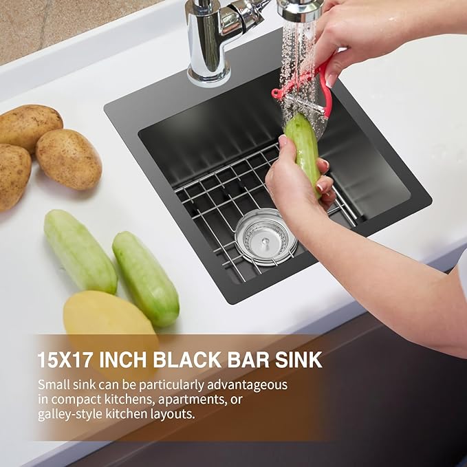Black Kitchen Sink,15x17 Inch Bar Sink Stainless Steel Drop In Small Kitchen Sink Ideal Choice For Small Spaces Topmount Sink With Bottom Grid,Soap Mat And Drain Assembly Serve Both Kitchen And Bar