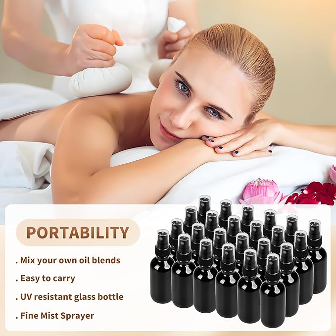 BILLIONSTARS 24 Pack 2oz Glass Boston Round Bottle with Fine Mist Sprayer - UV Black - Essential Oils, Bath, Beauty, Hair & Cleaning - Leakproof Travel Bottles