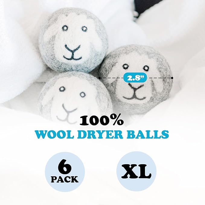 Smart Sheep Wool Dryer Balls - 6-Pack - XL Premium Natural Fabric Softener Award-Winning - Wool Balls Replaces Dryer Sheets - Wool Balls for Dryer - Laundry Balls for Dryer
