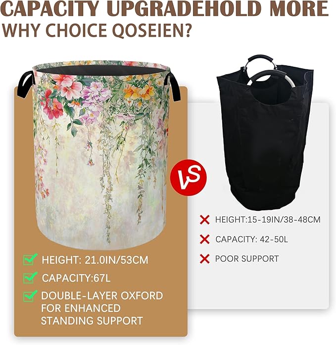 Abstract Colorful Flowers Laundry Basket,Watercolor Painting Collapsible Laundry Baskets with Handles,Waterproof Oxford Cloth Storage Basket 16"x20" for Bathroom/Bedroom/Dormitories