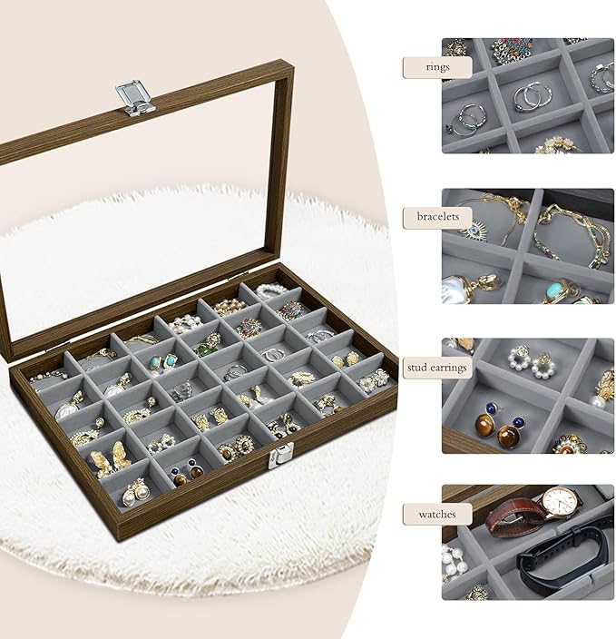 Stratalife Wood Jewelry Organizer 30 Grid Earring Tray Jewelry Holder Ring Box Earring Holder Organizer with Clear Lid Ring Storage for Women Vintage Style