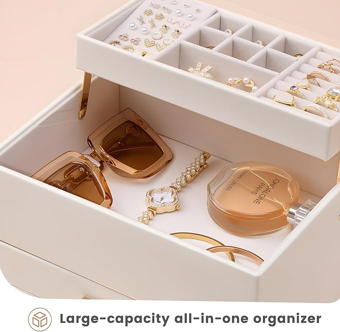 Lolalet Jewelry Box, Clear Window Jewelry Organizer with Drawer for Earrings Bracelets Necklaces Rings, Jewelry Storage for Women -White, 4 Layers