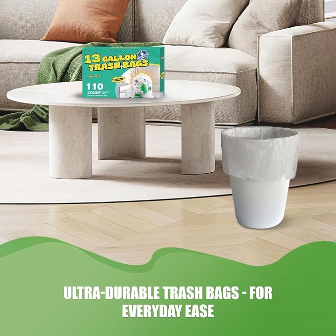 T.FORING 13 Gallon Tall Kitchen Trash Bags - 110 Count Clear Plastic Garbage Bags Unscented Trash Can Liners Strong Waste Basket Bags 49.2 Liter for Home and Office Bins