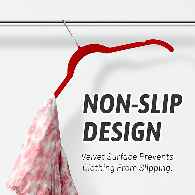 Sishynio Velvet Hangers 50 Pack – Slim Non-Slip Flocked Hangers with 360° Swivel Hook, Space-Saving Closet Organizer for Dresses, Blouses, Coats(Red)