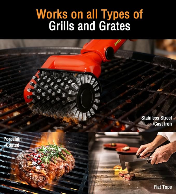 Electric Grill Brush - Safe Heavy Duty BBQ Cleaner with Dual-Speed, Stainless Steel Detachable Head, Stainless Grill Grate Cleaner for Charcoal Grill - Gifts for Grill Men/Dad (Red)