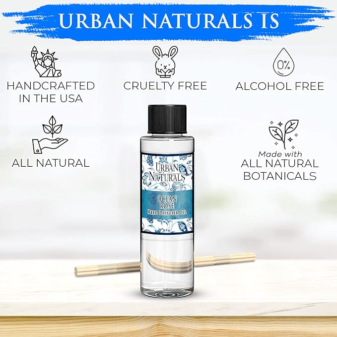 Urban Naturals Reed Diffuser Oil Refill, Ocean Rose Diffuser Oils with Rose, Lemongrass, Basil, 4 oz + Free Reed Sticks, Made in The USA