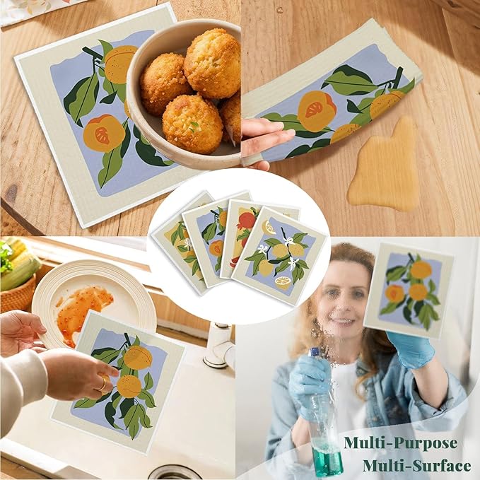 LARTSFRO Swedish Dishcloths for Kitchen, Papaya Reusable Paper Towels Washable, Oranges Peach Lemon Colorful Swedish DishCloths for Friut, 4 Pack Dish Towels for Kitchen