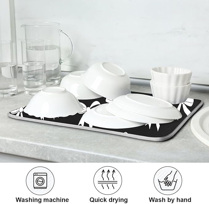 Black Bow Dish Drying Mat for Kitchen Countertop 16x18 Bowknot Coquette Rectangle Small Drying Mat Reusable Quick Dry Dish Sink Absorbent Mats Dishwasher Easy Clean Decorative Home Decor Essentials