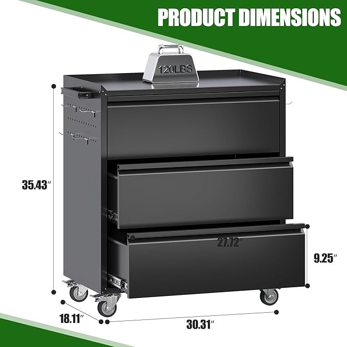 3 Drawer Metal Storage Cabinet, Lockable Garage Storage Cabinet with Wheels,Pegboard for for Garage Home Warehouse, Assemble Required, Black