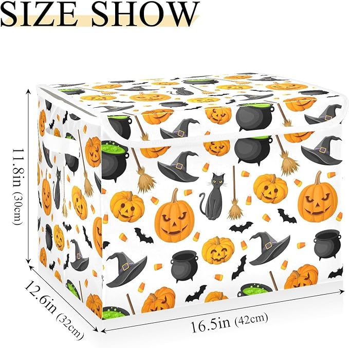 Halloween Storage Baskets Collapsible Storage Bins with Lids, Halloween Pumpkin Black Cat Ghost Bat Pattern Storage Boxes Clothes Baskets for Organizing