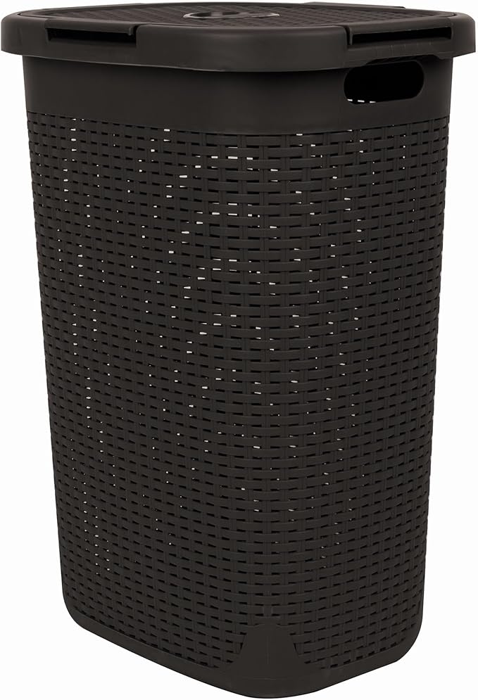 Mind Reader Slim Laundry Hamper with Lid, 60L Clothes Basket, Premium Wicker Design, Plastic, Brown