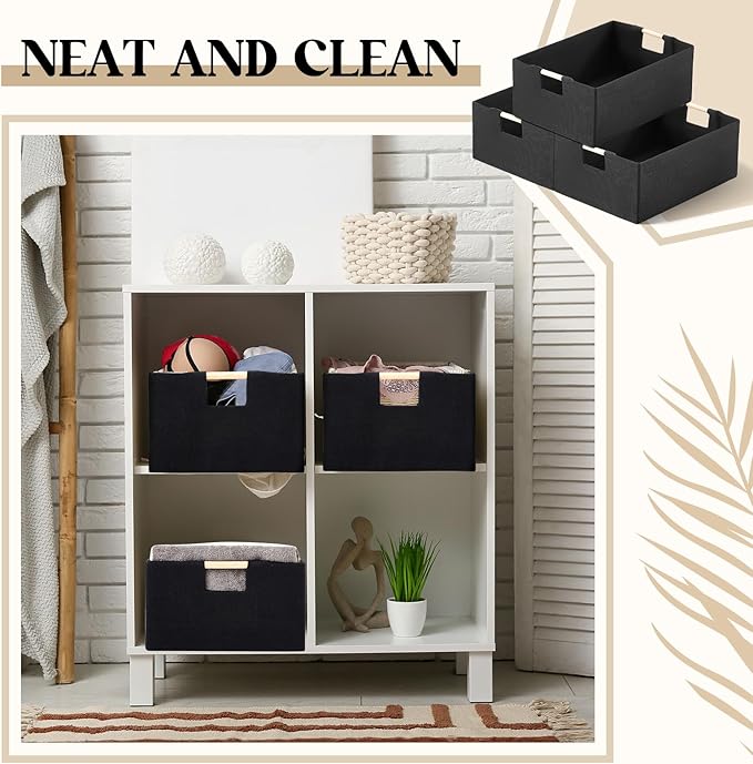 3 Pack Fabric Storage Bins for Closet Shelves, Rectangle Wardrobe Organizer with Handle, Collapsible Shelves Storage Basket for Sorting Clothes and Toy (Black,15 x 10.6 x 6 Inch)