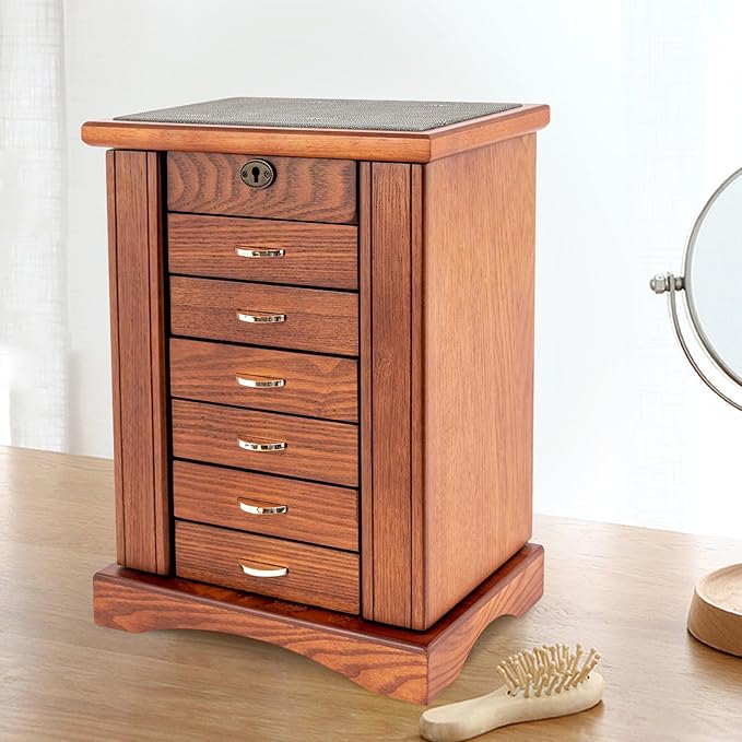 Jewelry Box for Women with Mirror, 7 Layers Jewelry Organizer 5 Drawers Jewelry Case with Side Organizer for Watches Necklace Ring Storage (Walnut)