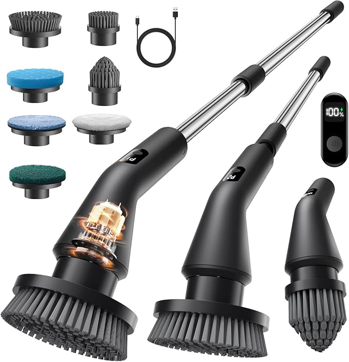 Topmako Electric Spin Scrubber, 2025 New Cordless Cleaning Brush for Home, IPX7 Waterproof Spin Scrubber with 7 Brush Heads, Adjustable Long Handle and 2 Rotating Speeds for Bathroom Tub Floor