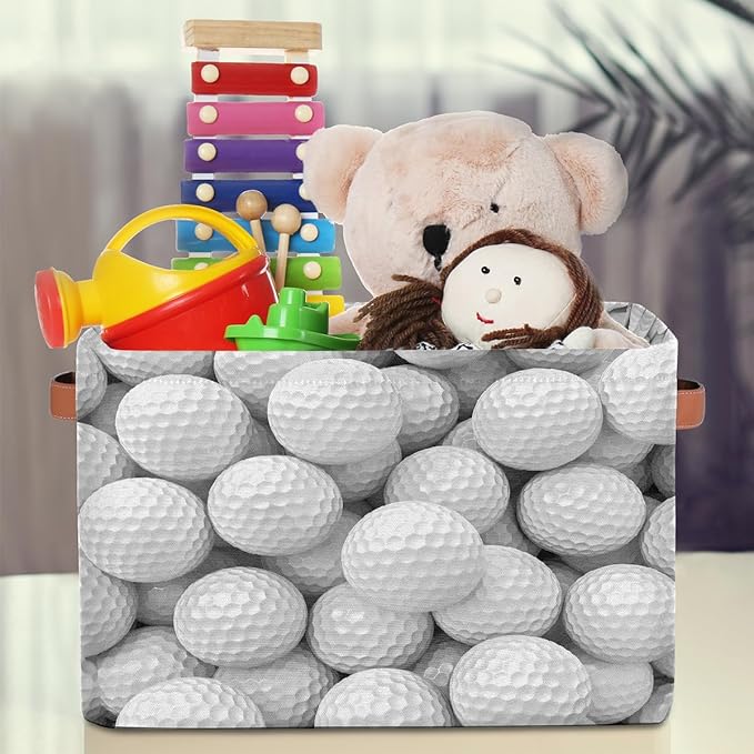 Golf Storage Basket for Shelves, Storage Bins with Handles, Collapsible Basket for Organizing, Closet Toy Baskets for Nursery Room, 15x11x9.5 in, Canvas, White Golf